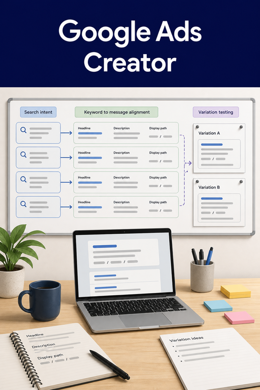 Illustrative search-ad writing workspace showing search intent, keyword-to-message alignment, headline, description, display path, and variation testing.