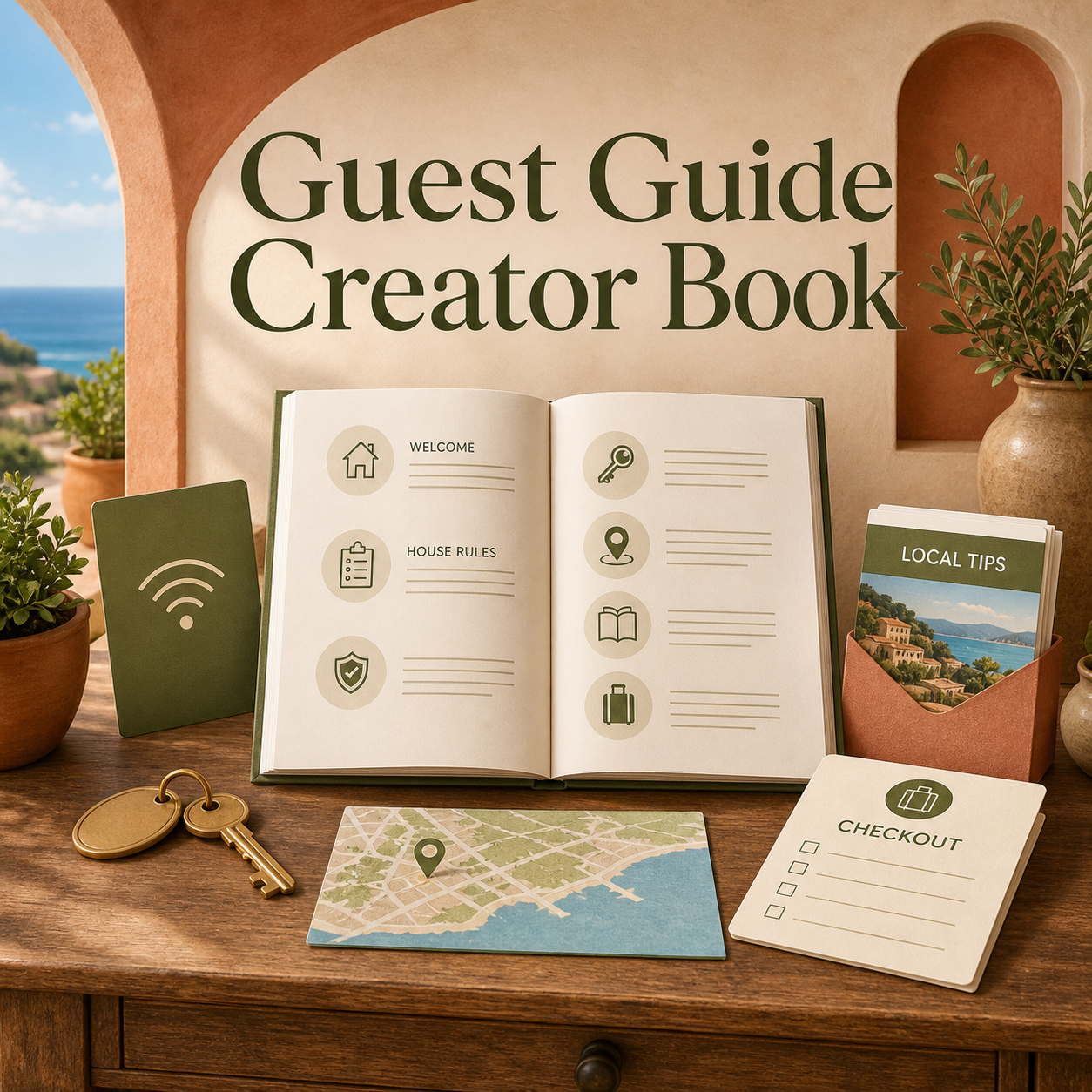 Guest Guide Creator Book cover showing a welcoming property book with house rules, local tips, Wi-Fi, map directions, and checkout.