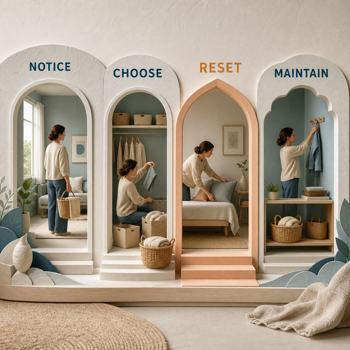 Guided Home Reset System process to notice, choose, reset, and maintain a space