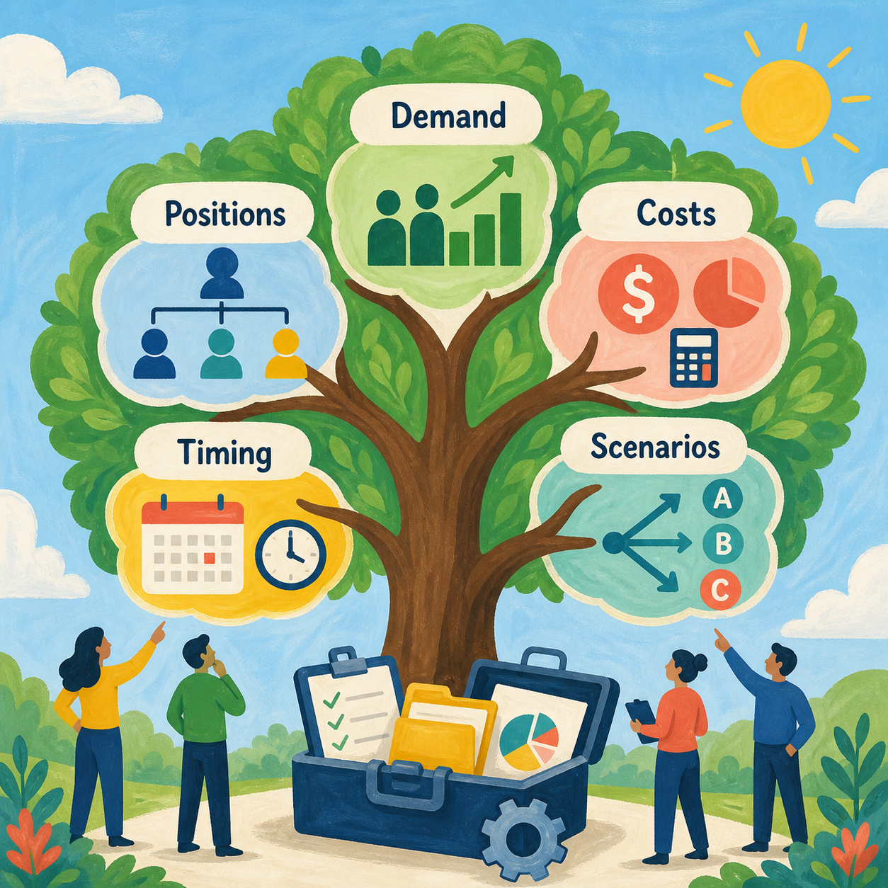 Illustrative overview of workforce positions, demand, costs, timing, and planning scenarios.