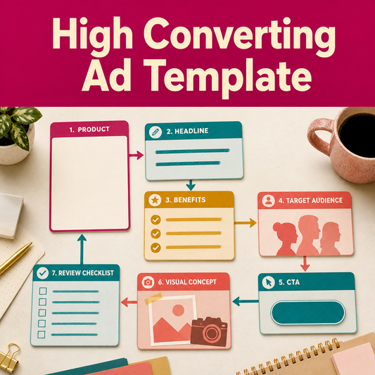 Ad-planning workflow showing product, headline, benefits, target audience, call to action, visual concept, and review checklist.