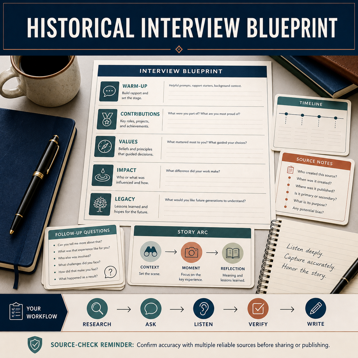 Historical interview blueprint with warm-up, contributions, values, impact, legacy, follow-up questions, story arc, timeline, source notes, and verification workflow.