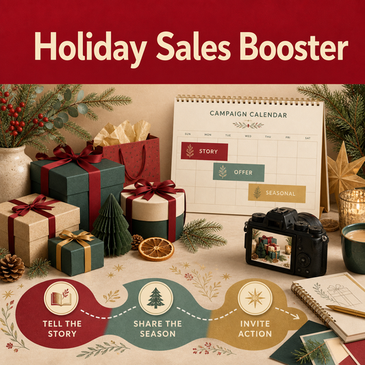 Holiday campaign planning scene with gift-wrapped products, seasonal calendar, photo setup, story, offer, and invitation-to-action path.