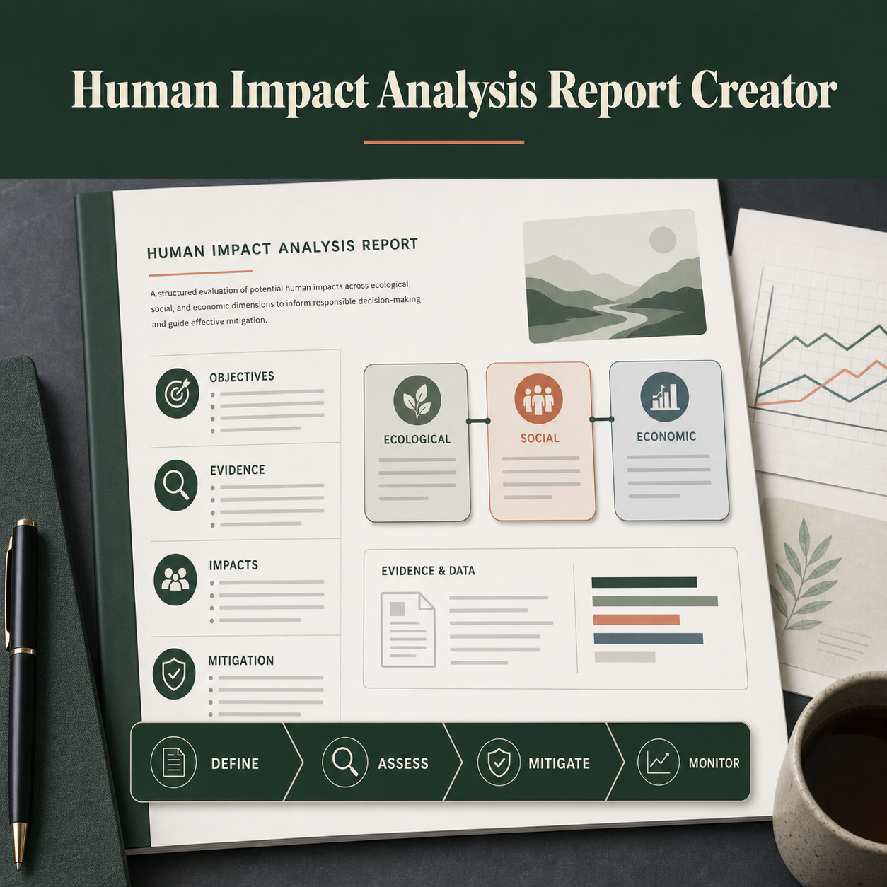 Human impact analysis report workspace with objectives, evidence, ecological-social-economic assessment, mitigation, and monitoring steps.