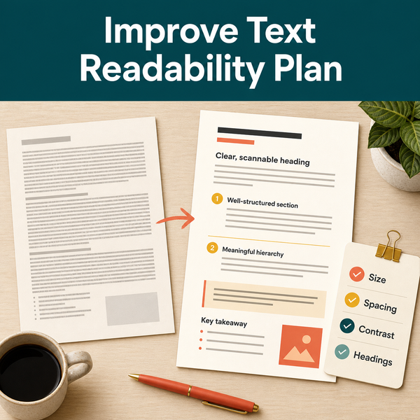 Illustrative before-and-after readability editing workflow showing how to improve text hierarchy, spacing, contrast, and headings.