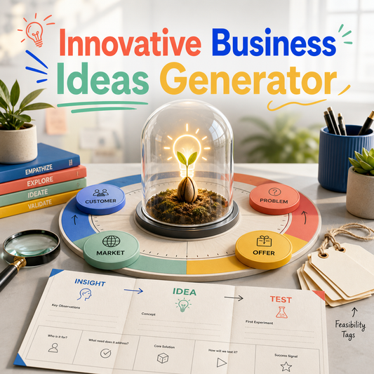 Innovative Business Ideas Generator cover showing an idea seed under a glass dome, customer-problem-offer-market tokens, feasibility tags, and an insight-to-idea-to-test canvas.