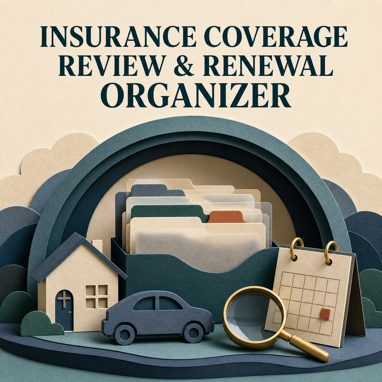 Insurance Coverage Review & Renewal Organizer paper-sculpture cover with policy folders, home, car, calendar, and magnifying glass