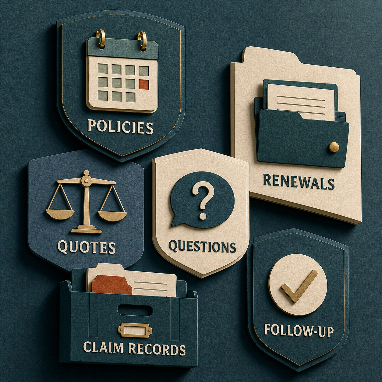 Insurance Coverage Review & Renewal Organizer contents covering policies, renewals, questions, quotes, claim records, and follow-up