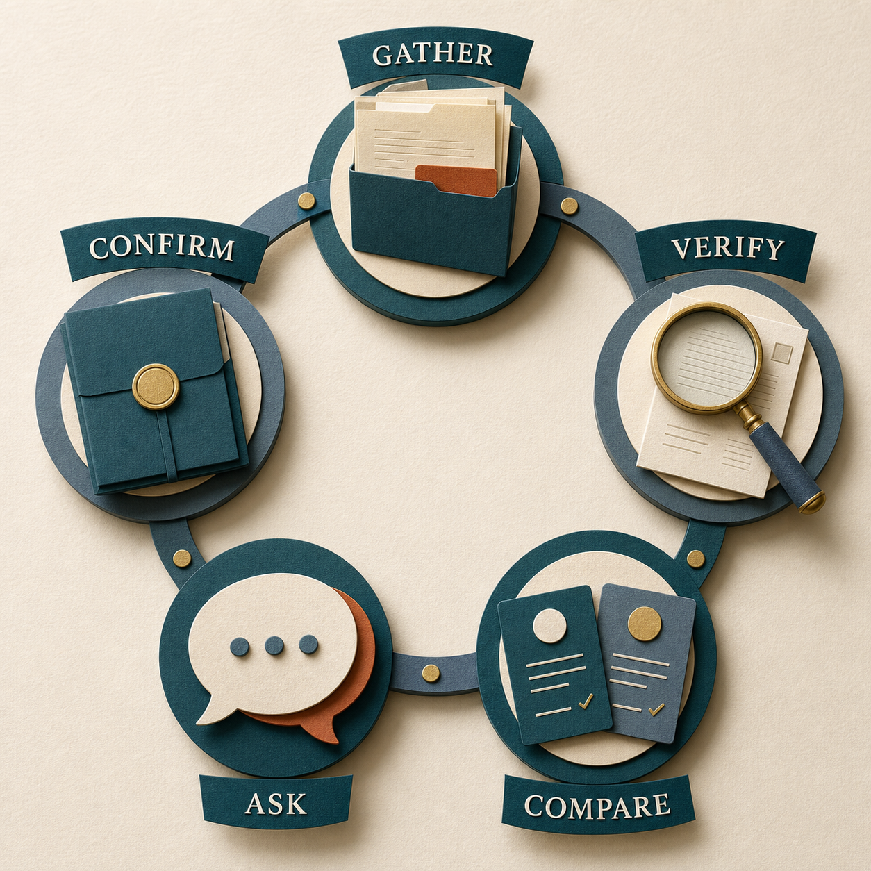 Insurance Coverage Review & Renewal Organizer method showing gather, verify, compare, ask, and confirm