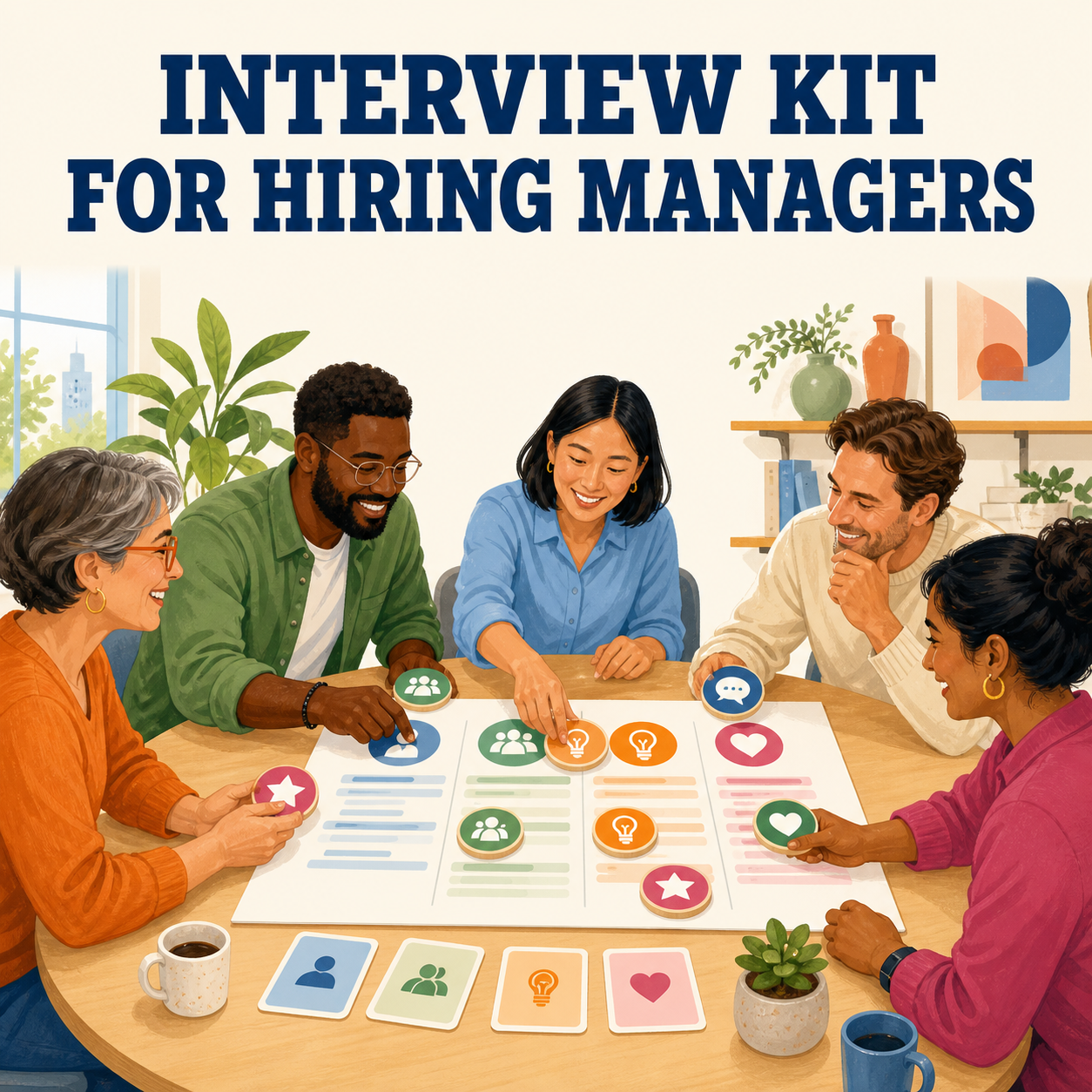 Interview Kit for Hiring Managers cover showing a hiring panel building a structured interview framework together.