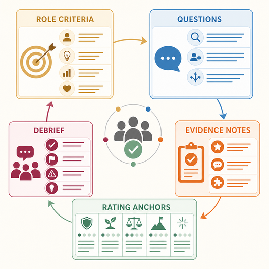 Interview Kit for Hiring Managers contents covering role criteria, questions, evidence notes, rating anchors, and debrief.
