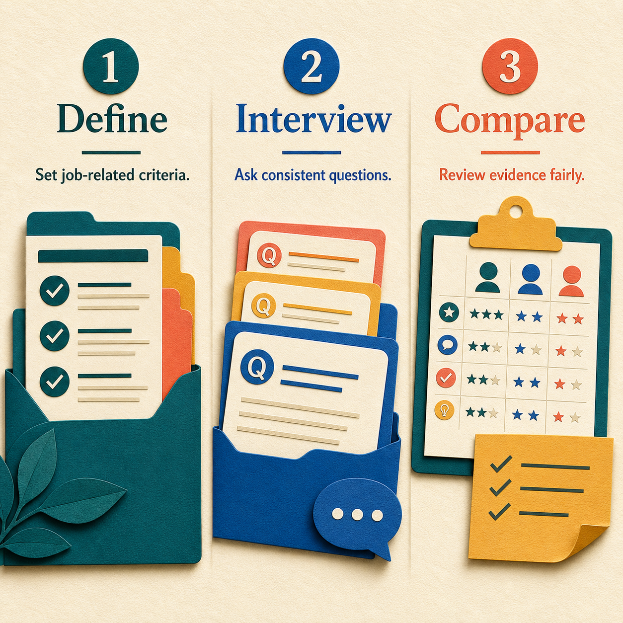 Three-step structured hiring workflow: define, interview, and compare