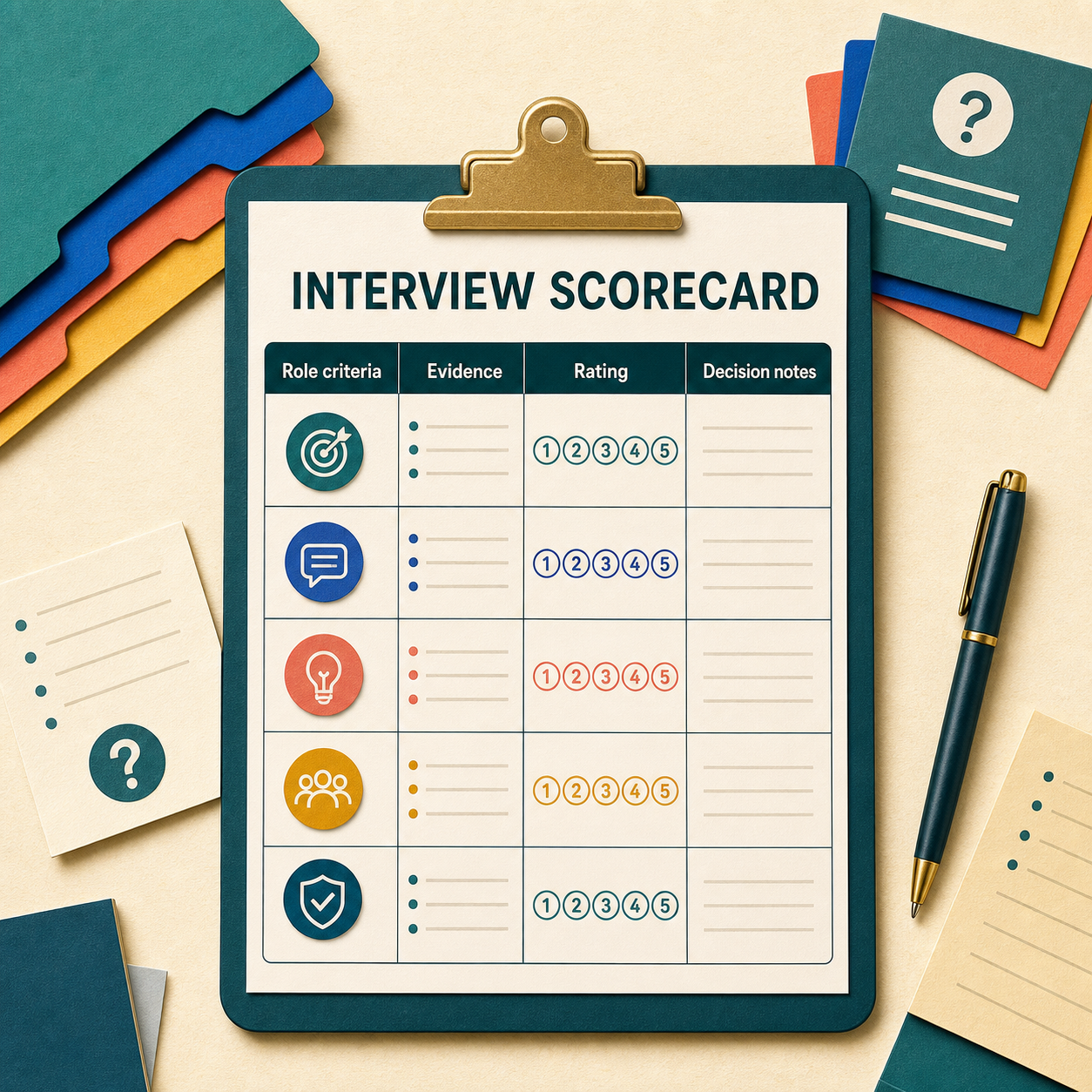 Interview scorecard with role criteria, evidence, ratings, and decision notes