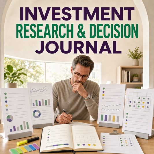 Investment Research and Decision Journal cover showing an analyst reviewing abstract research materials and recording a decision rationale