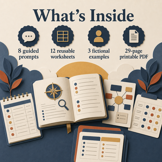Investment Research & Decision Journal contents showing 8 guided prompts and 12 reusable worksheets