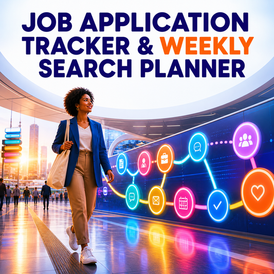 Job Application Tracker and Weekly Search Planner cover showing a job seeker moving through colorful search checkpoints