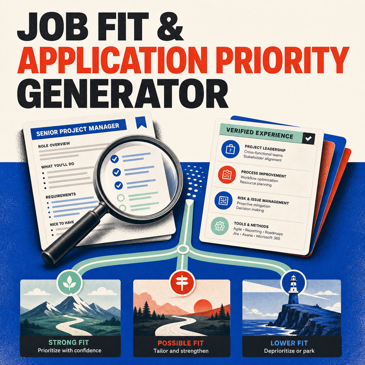 Job Fit & Application Priority Generator | AI Prompt Tool cover comparing a job posting with verified experience