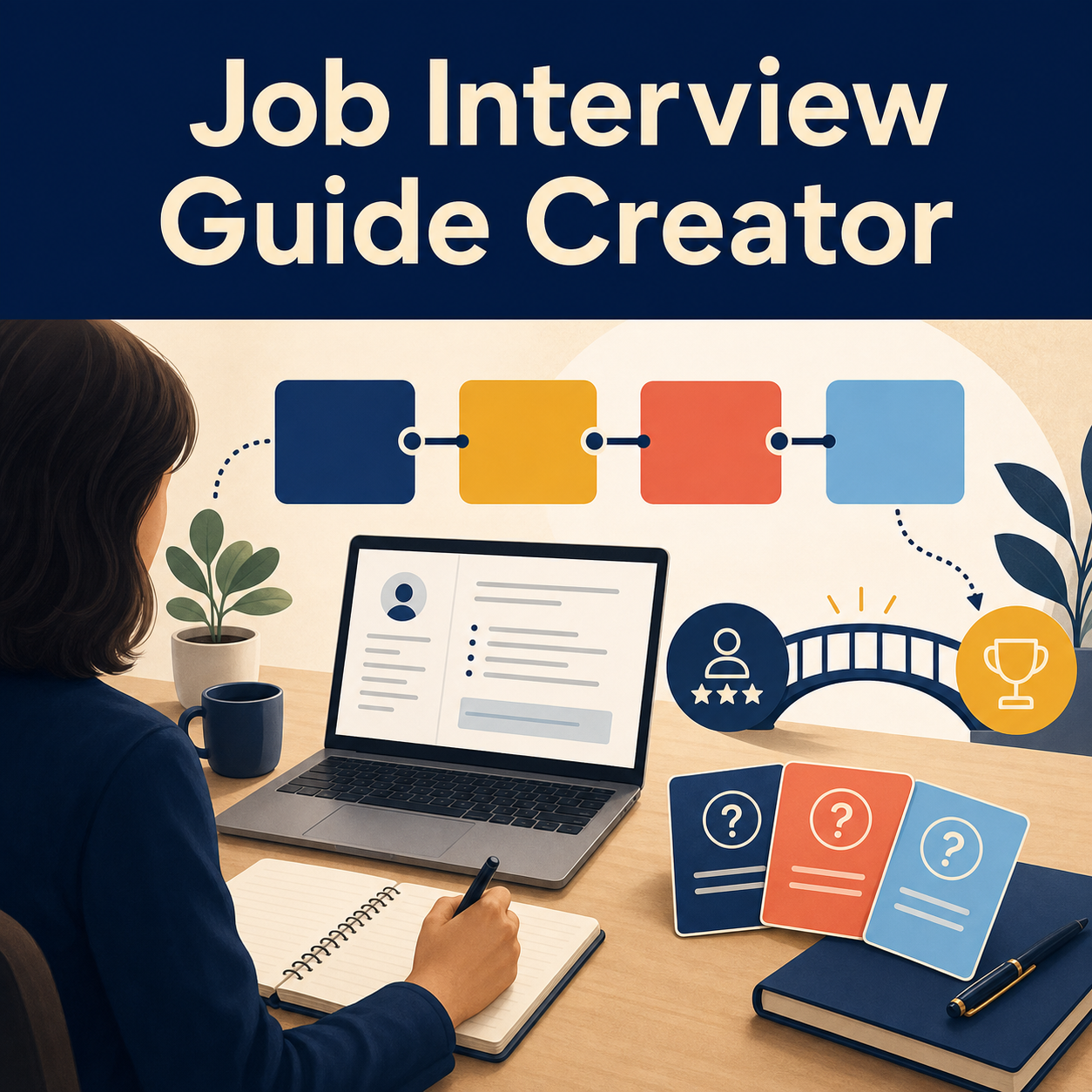 Job interview preparation scene with an abstract four-part answer path, skills-to-proof bridge, resume review, and thoughtful question cards.