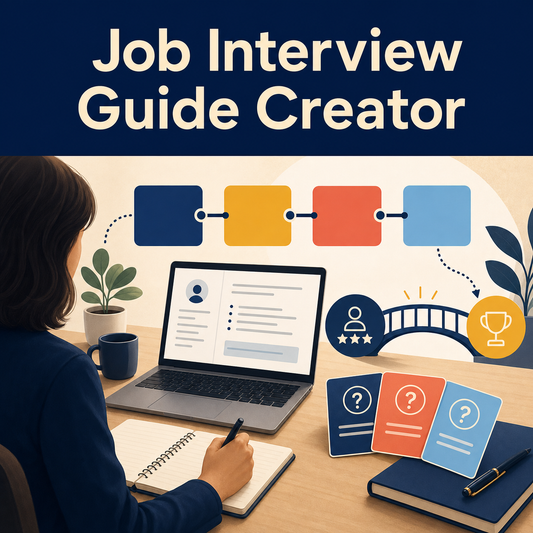 Job interview preparation scene with an abstract four-part answer path, skills-to-proof bridge, resume review, and thoughtful question cards.