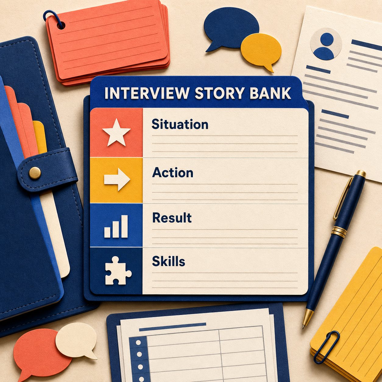 Interview story bank worksheet showing Situation, Action, Result, and Skills sections