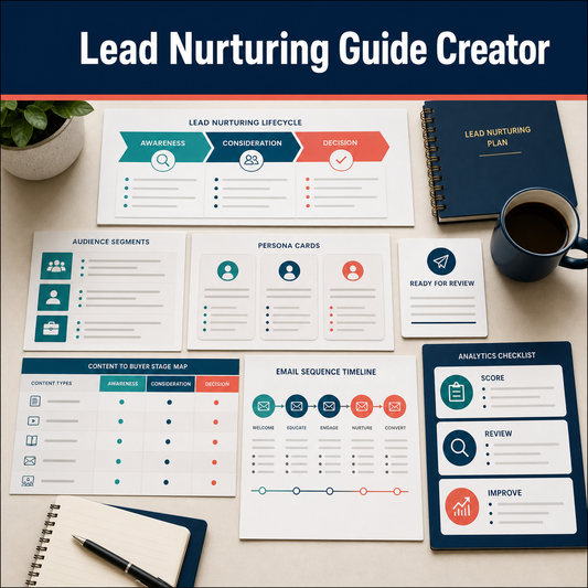 Lead nurturing planning workspace with lifecycle stages, audience segments, buyer-stage content map, email sequence, review handoff, and analytics checklist.