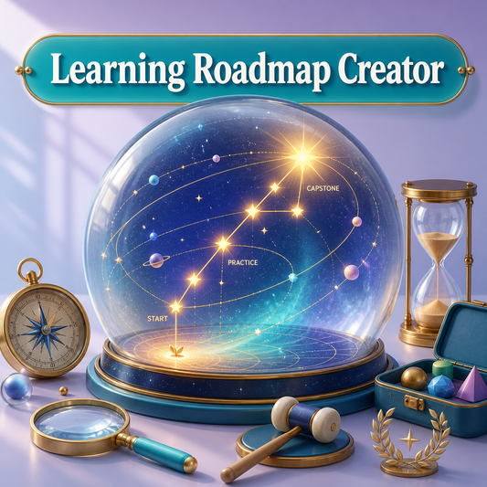 Bright Learning Roadmap Creator cover showing a knowledge planetarium with Start, Practice, and Capstone constellation points, compass, magnifying lens, hourglass, practice tool, and capstone symbol.