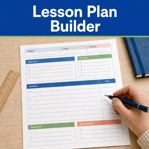 Lesson Plan Builder for organizing objectives, materials, activities, timing, assessment, and differentiation.