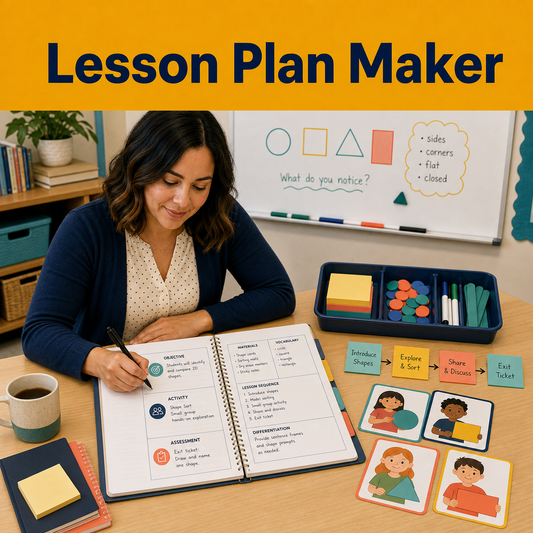 Realistic lesson-planning scene with objective, activity, assessment, materials, lesson sequence, differentiation, and student activity cards.