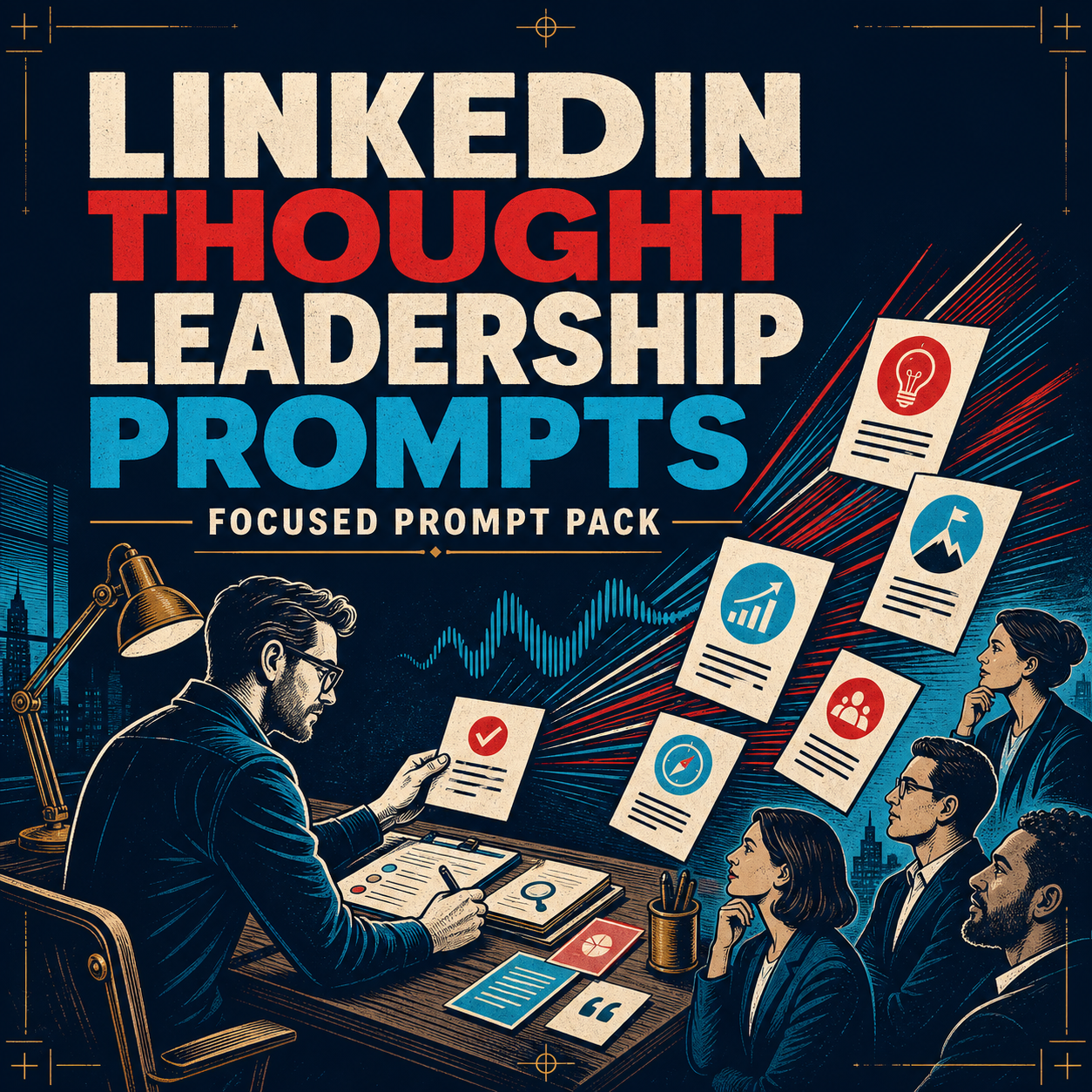 LinkedIn Thought Leadership Prompts Focused Prompt Pack cover showing evidence-based insight cards reaching a professional audience
