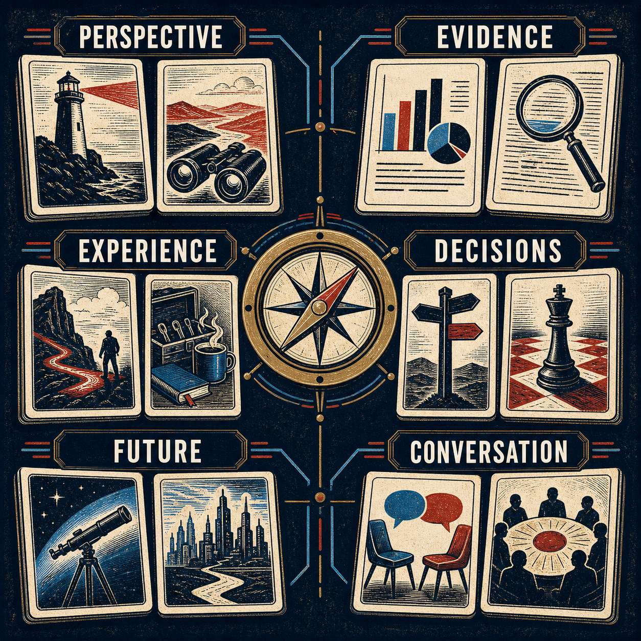 LinkedIn Thought Leadership Prompts selection map with twelve cards across perspective, evidence, experience, decisions, future, and conversation