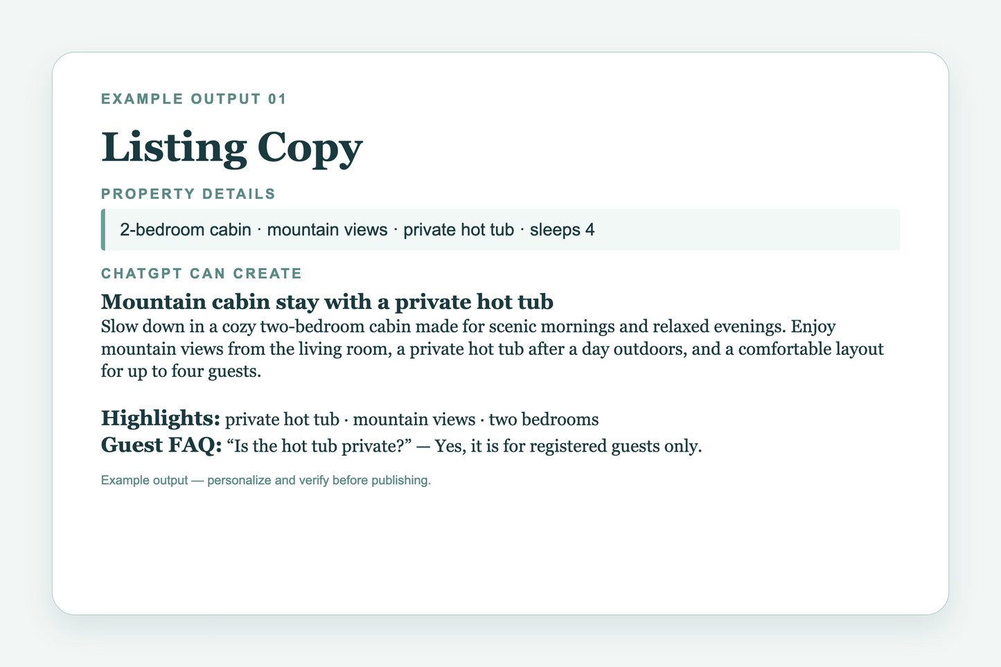 Expanded example vacation-rental listing copy created with the tool