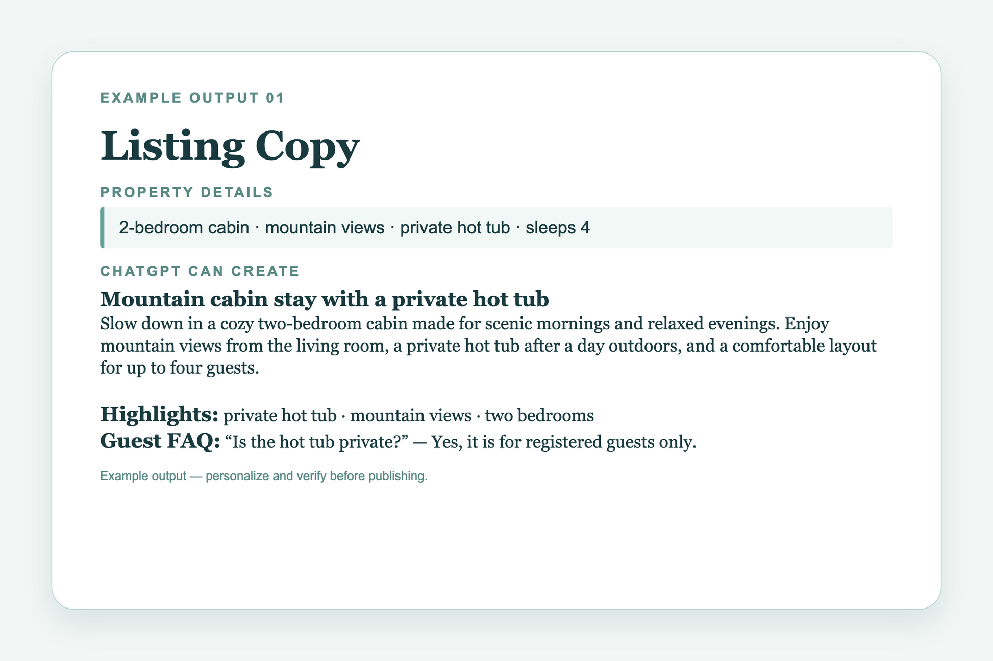 Expanded example vacation-rental listing copy created with the tool