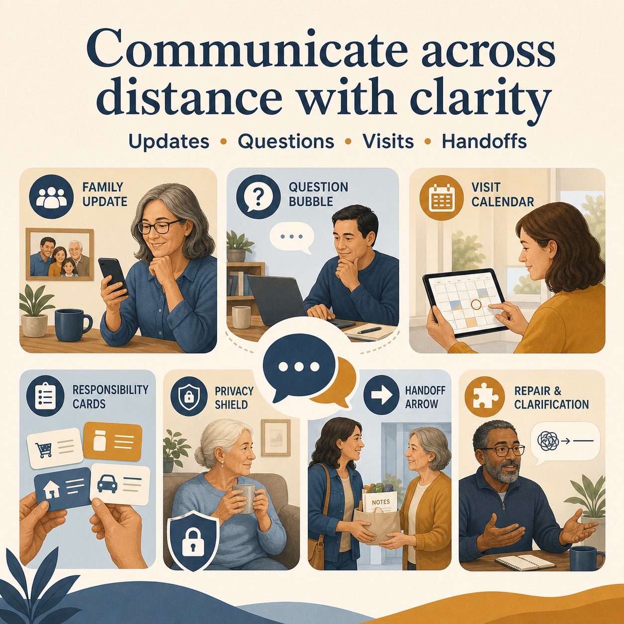 Topics covered in the Long-Distance Caregiving Communication Prompts | Focused Prompt Pack