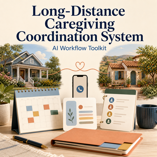Long-Distance Caregiving Coordination System AI Workflow Toolkit cover with two homes, shared calendar, phone, and contacts