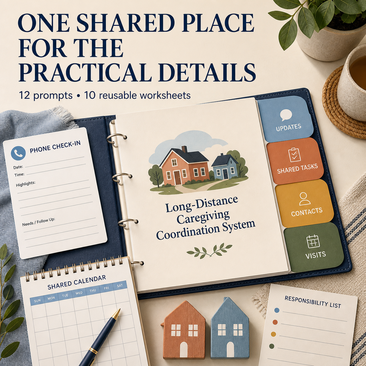 Long-Distance Caregiving Coordination System sections for updates, shared tasks, contacts, and visits