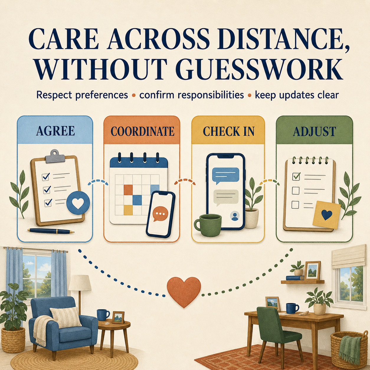 Long-Distance Caregiving Coordination System workflow showing agree, coordinate, check in, and adjust