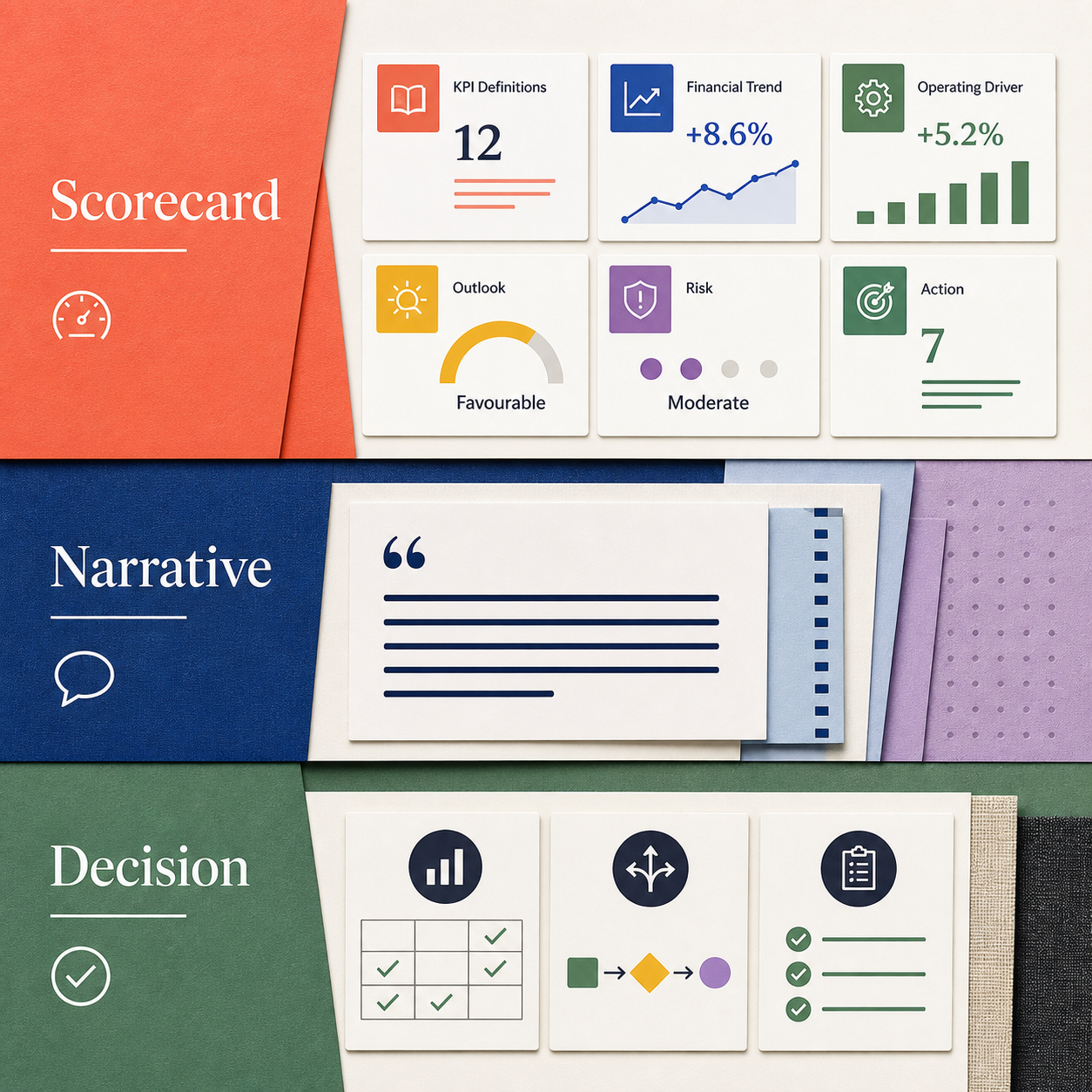 Management reporting workflow with scorecard, narrative, and decision sections.