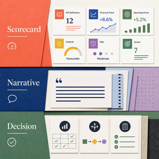 Management reporting workflow with scorecard, narrative, and decision sections.