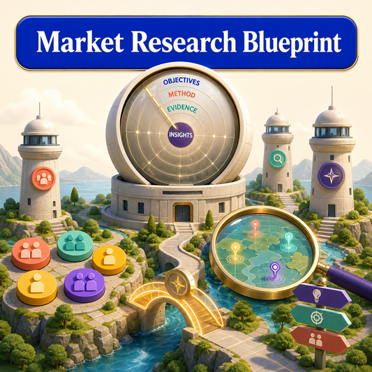 Bright Market Research Blueprint cover showing a research observatory with Objectives, Method, Evidence, Insights, audience segments, a customer-signal map, and opportunity pathways.