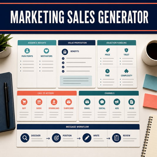 Marketing sales planning workspace with audience insights, value proposition, objection handling, CTA options, channels, and message workflow.