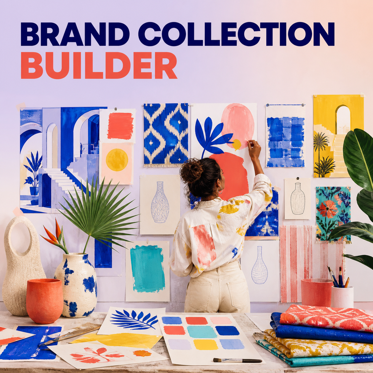 Brand Collection Builder cover showing a creator shaping a vibrant visual collection in a creative studio.