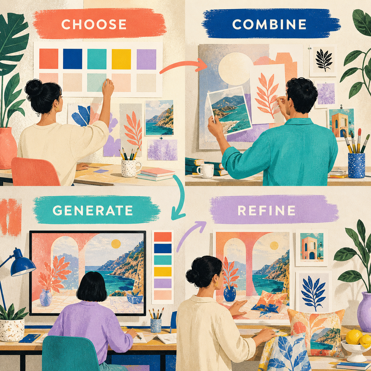 Brand Collection Builder method for choosing, combining, generating, and refining creative direction.