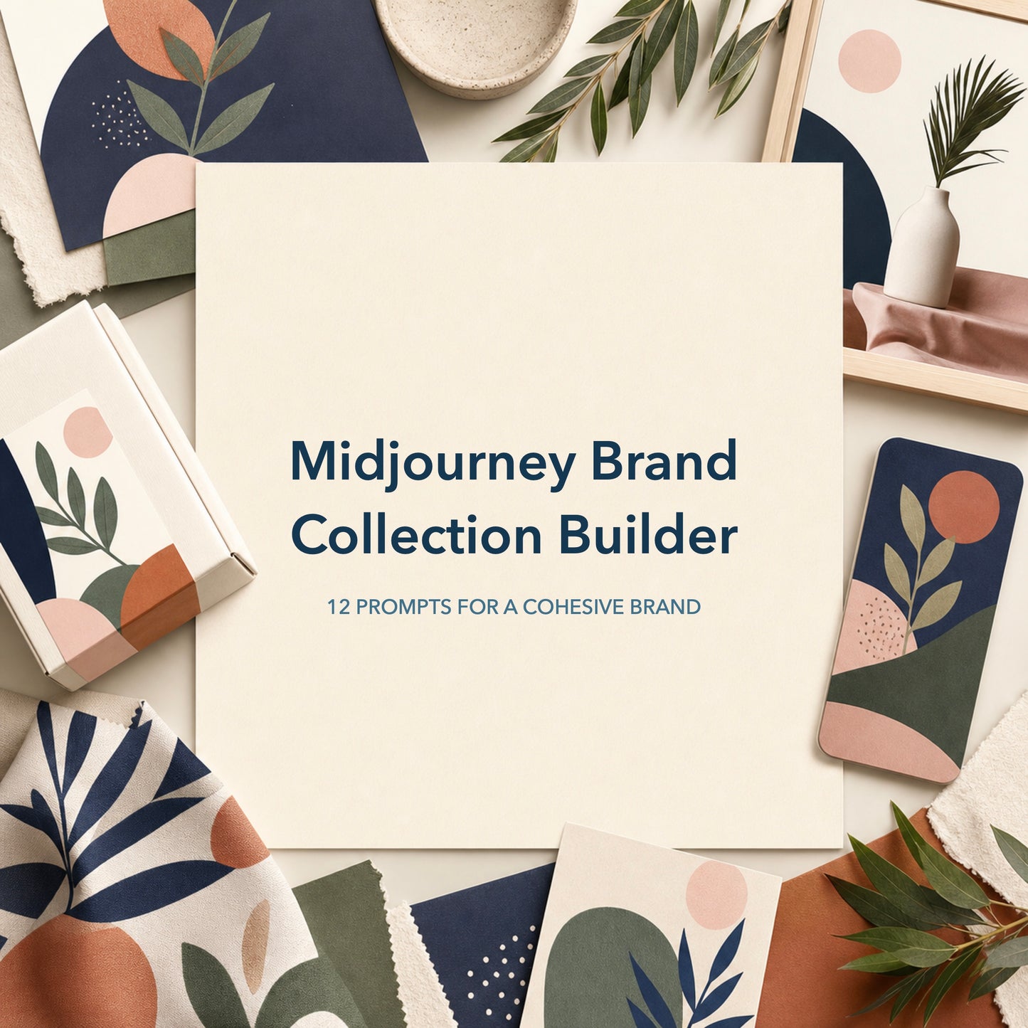 Midjourney Brand Collection Builder cover with coordinated product, textile, and social visuals