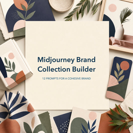 Midjourney Brand Collection Builder cover with coordinated product, textile, and social visuals