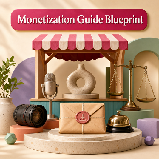 Bright Monetization Guide Blueprint cover showing an offer atelier with a microphone, camera lens, digital-download parcel, service bell, balanced scale, and central creative product.