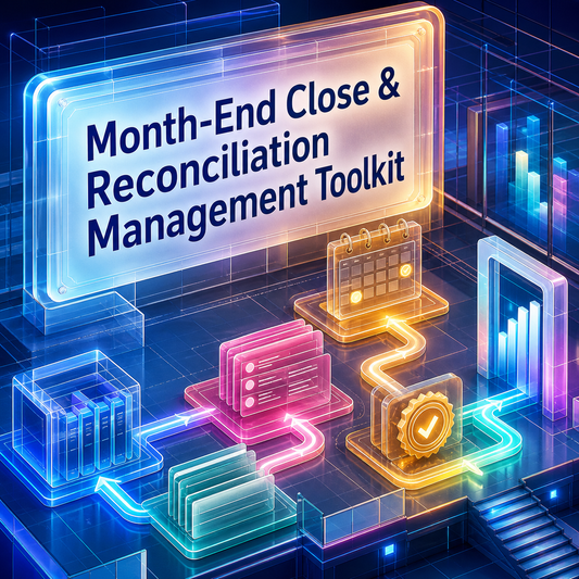 Month-End Close and Reconciliation Management Toolkit cover in a luminous finance control-room style.
