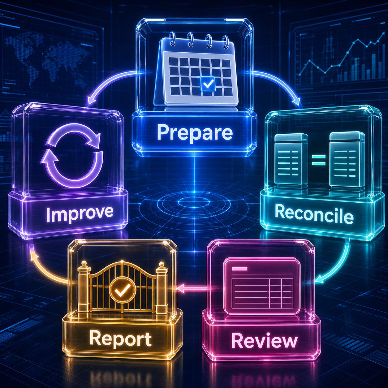 Five-stage month-end close workflow: prepare, reconcile, review, report, and improve.
