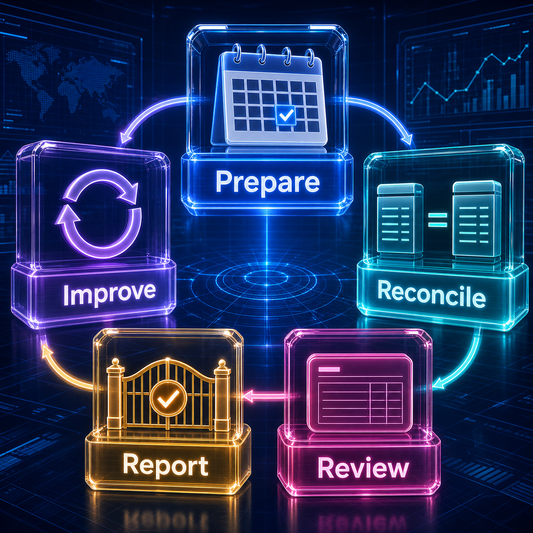 Five-stage month-end close workflow: prepare, reconcile, review, report, and improve.