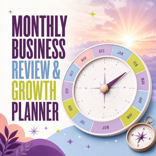 Monthly business review planner for reflecting on progress, learning, and choosing next priorities.