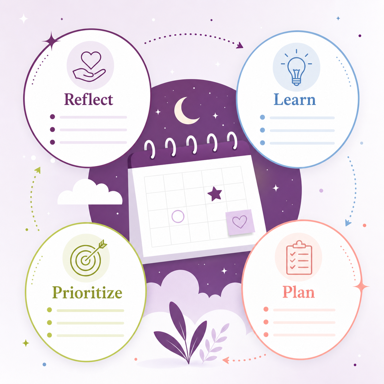 Illustrative overview of monthly review areas for reflecting, learning, prioritizing, and planning.